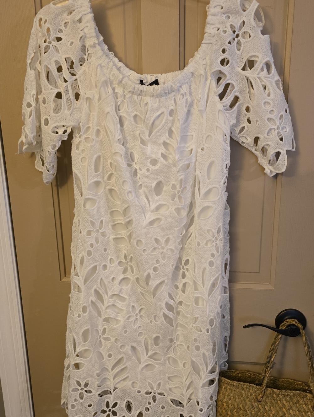 Women's White Eyelet Cutout Floral Short Sleeve Dress